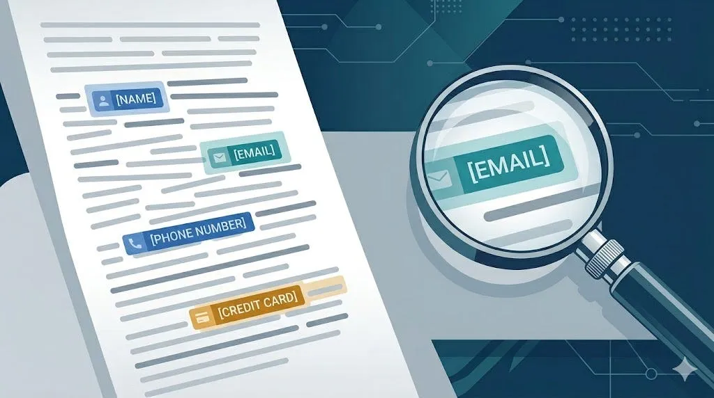 A stylized document with PII entities such as NAME, EMAIL, PHONE NUMBER, and CREDIT CARD highlighted, with a magnifying glass zooming in on an EMAIL tag.