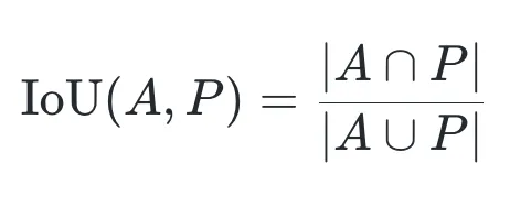 The Intersection over Union formula: IoU of A and P equals the size of the intersection of A and P divided by the size of the union of A and P.